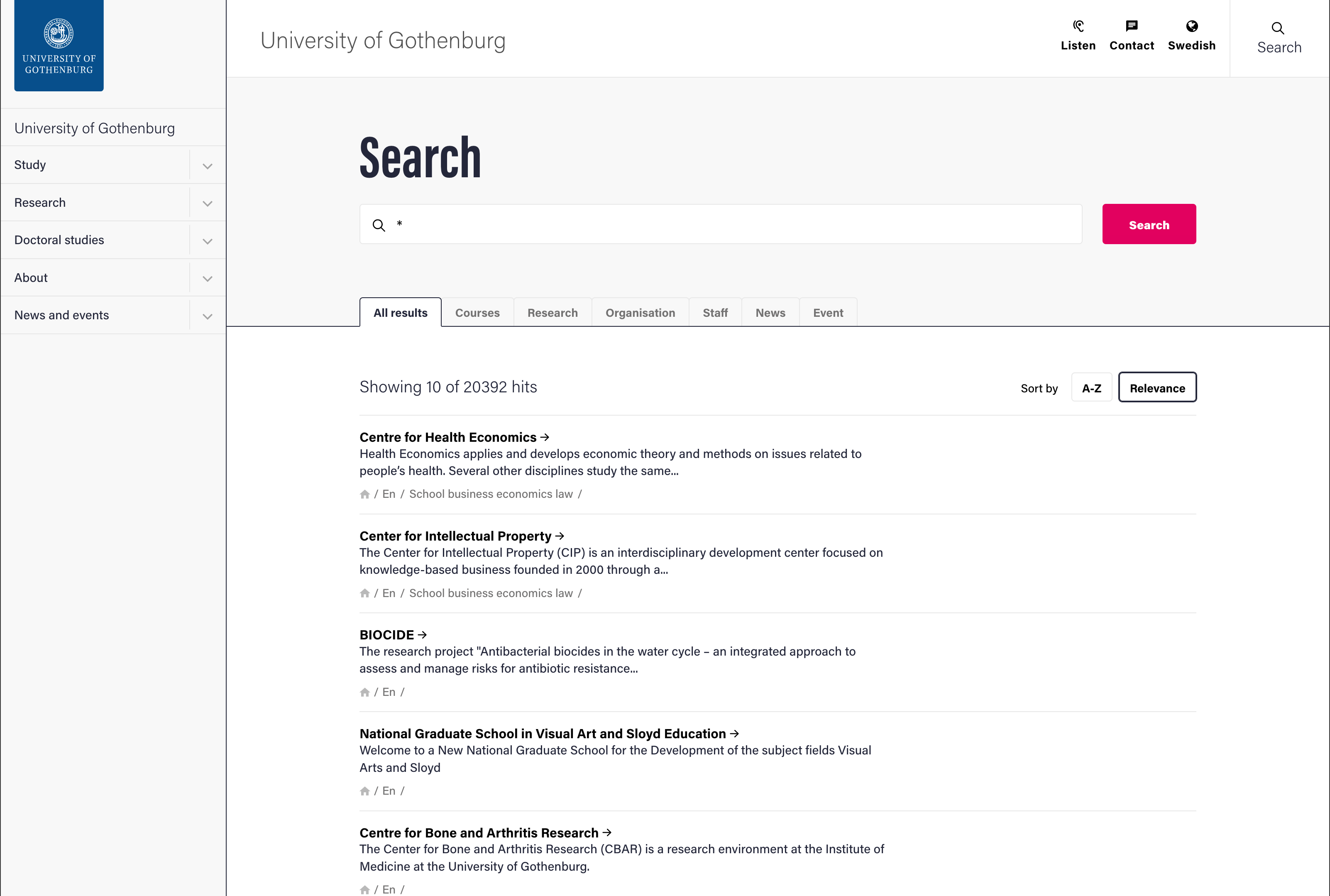 University of Gothenburg's search solution.
