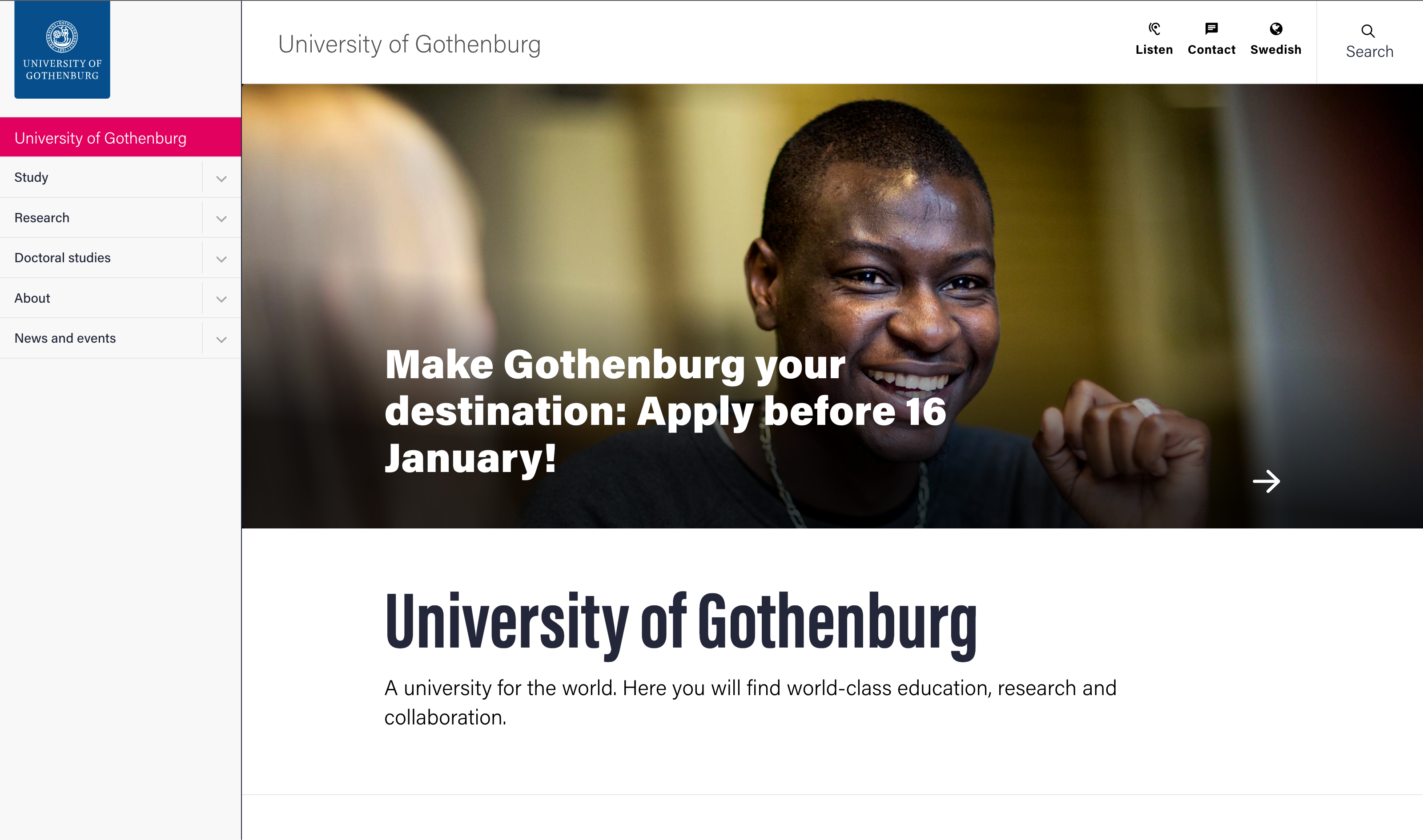 Frontpage on University of Gothenburg's website.