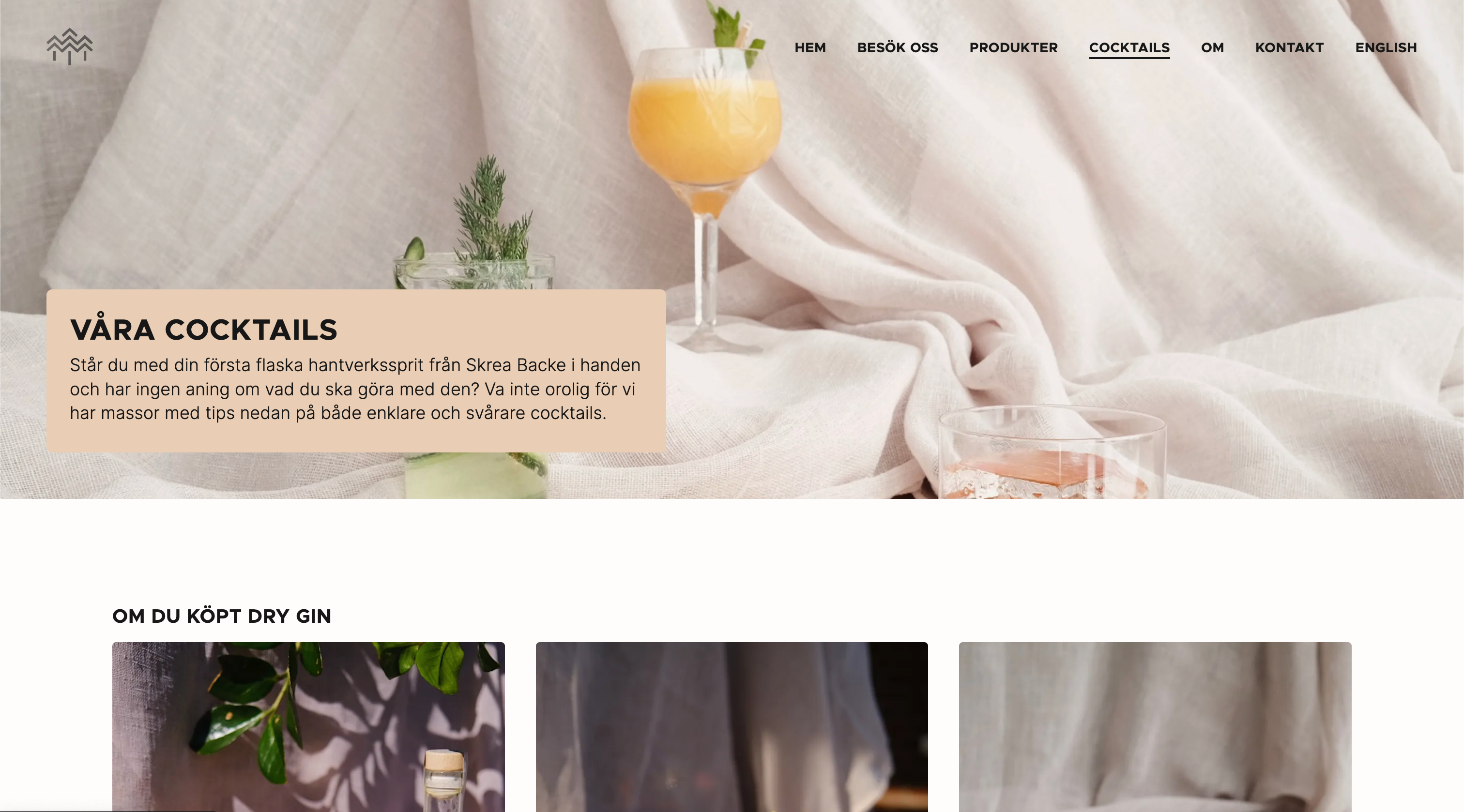 Screenshot Skrea Backe Destilleri's cocktails page.