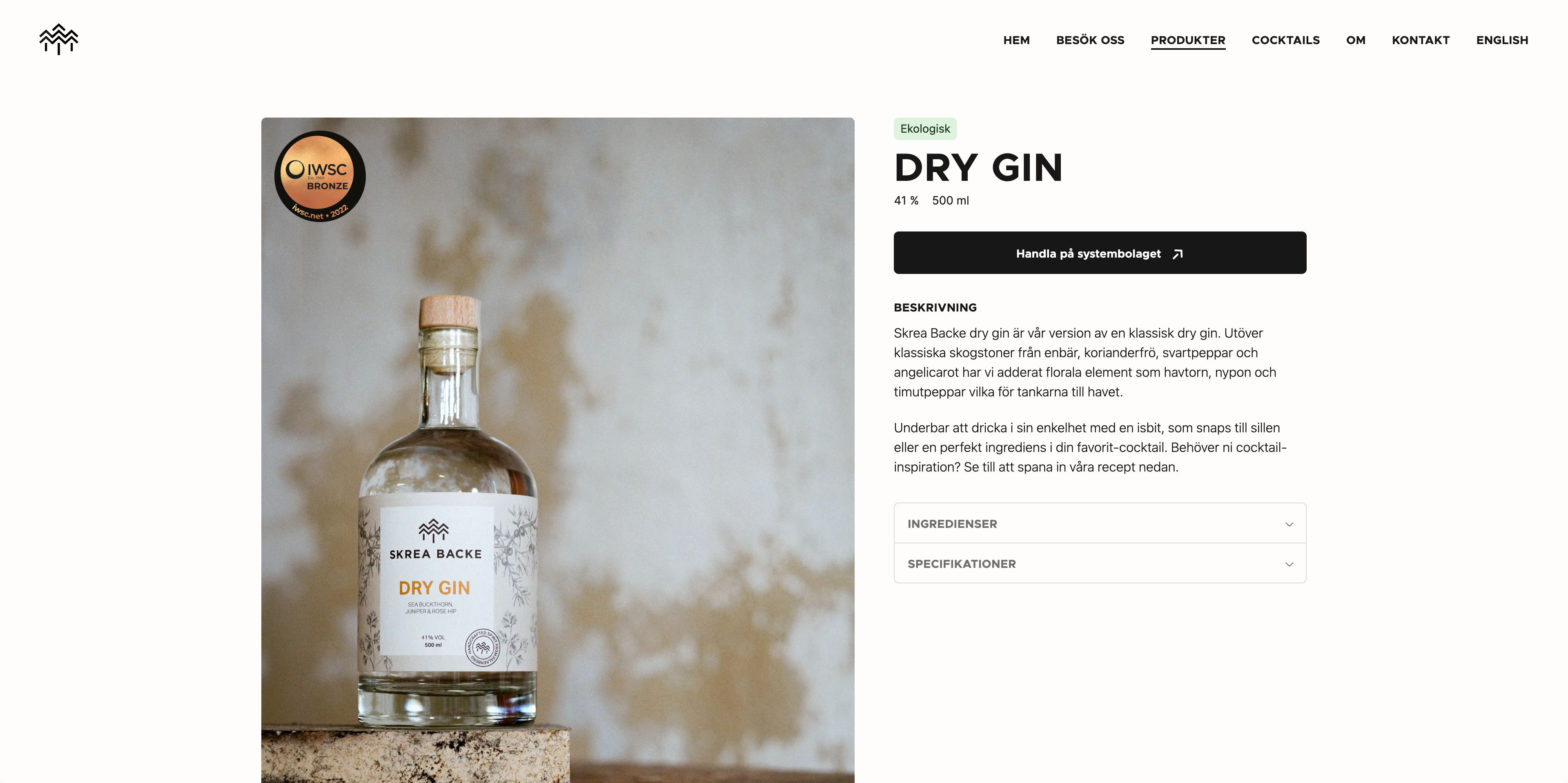 Screenshot of a product page on Skrea Backe Destilleri.