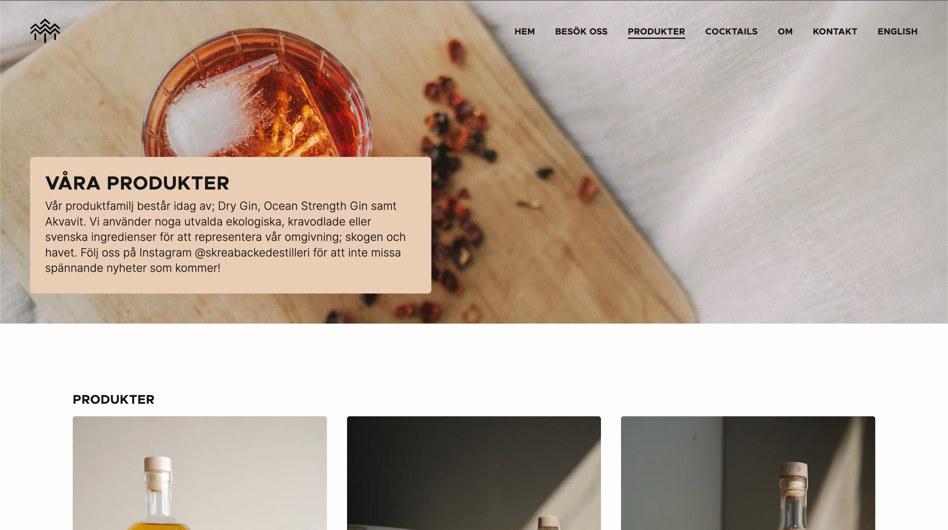 Screenshot Skrea Backe Destilleri's product page.